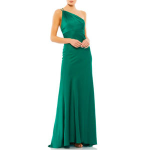Ieena for Mac Duggal Satin One Shoulder Sheath Gown emerald green size 10